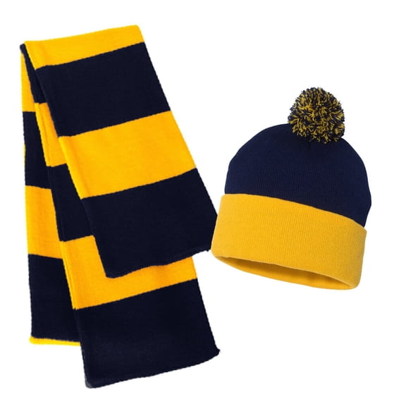 12'' Women Blaze Beanie with Pom Pom Warm Pom Pom Hat 100% Knit Acrylic Winter Skull Cap - (Navy / Gold)