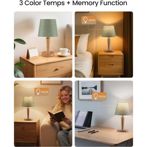 12" Wood Bedside Table Lamps Set of 2, Small Desk Lamps for Small Places, 3 Color Temperatures with Memory, Green Linen Shade & E26 Bulbs, for Bedroom Living Room Office MJ13TLP205