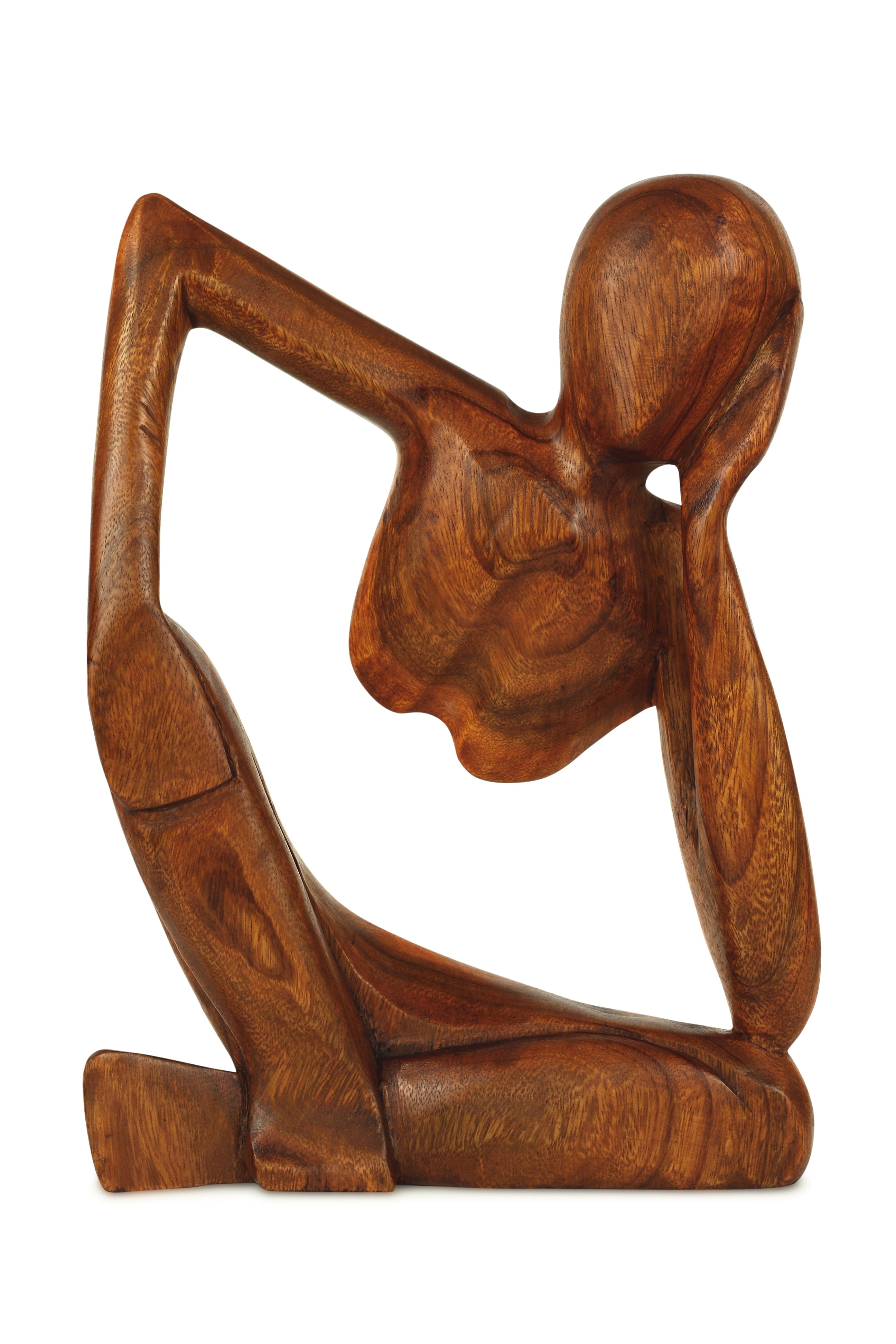 12" Hand-Carved Suar Wood Thinking Man Sculpture