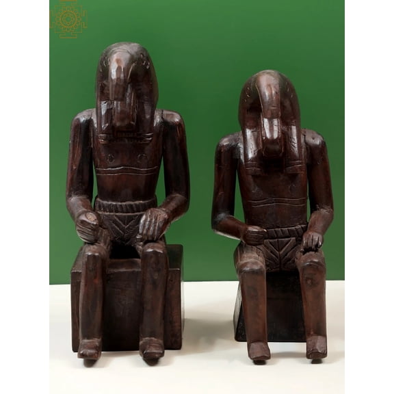 12” Wooden Egyptian Thoth-Ibis Statue (Pair) | Handmade