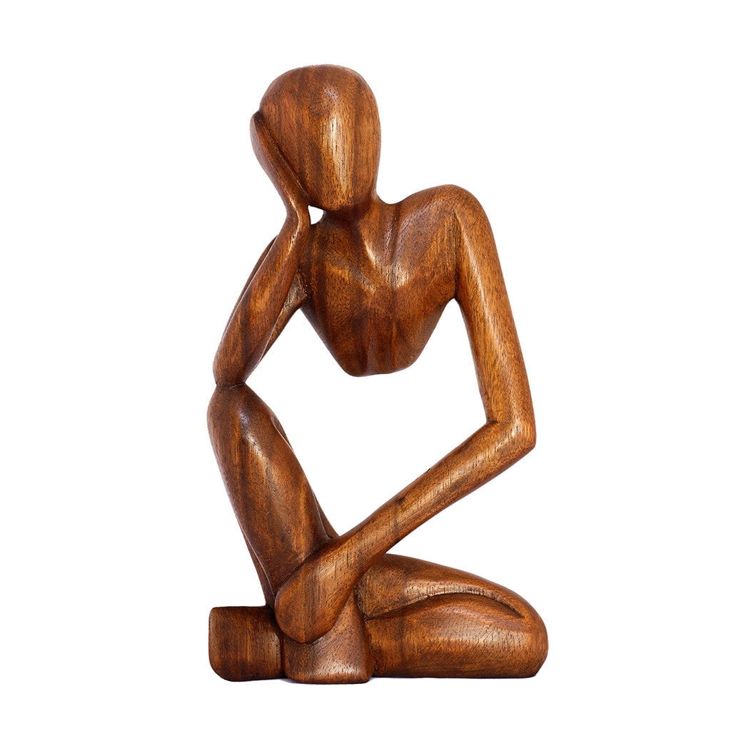 12" Hand-Carved Brown Wooden Thinking Man Statue