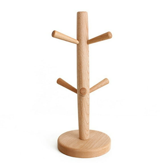 12" Wooden Mug Holder Tree with 6 Hooks Wood Cup Rack Tea Coffee Bar Organizer (Round Bottom)
