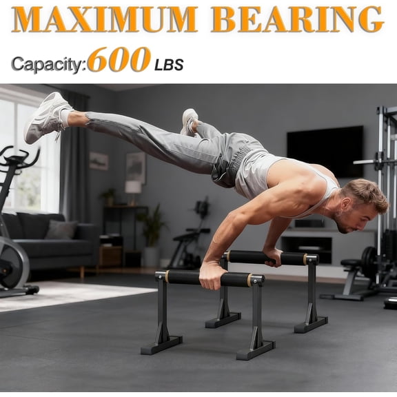 12" Wooden Parallel Bar and Dip Bar with Non-Slip Handles, Rock-Free Fitness Equipment for Handstands, L-Sits, Gymnastics and Strength Training for Home Gym, 600lbs Capacity