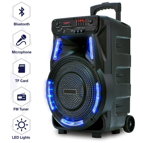 12'' Woofer Heavy Bass Bluetooth Speaker Portable Party PA Sound System Mic LED FM AUX Handle Wheels