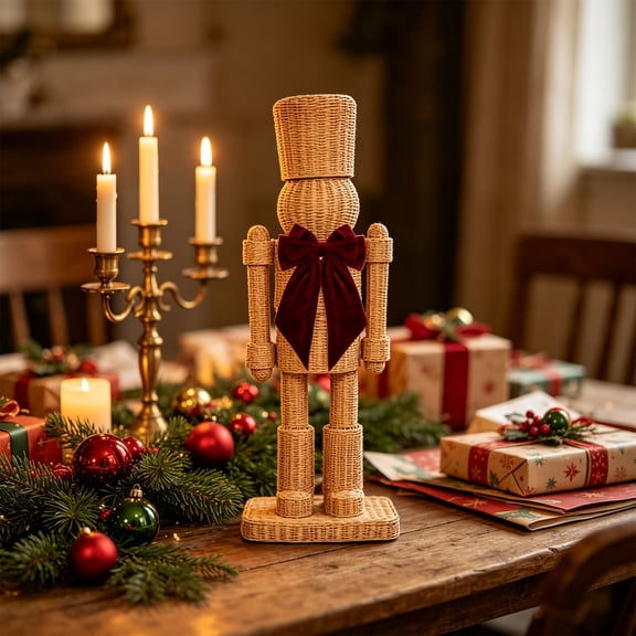 12" Woven Rattan Look Nutcracker Figurine, Resin Christmas Statue with Velvet Bow, Boho Holiday Decor for Mantel Shelf Tabletop Home