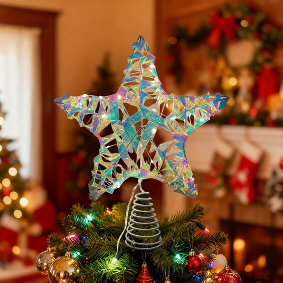 12" Wrought Iron Tree Topper Star - LED Lighted Christmas Tree Crown, Rustic Farmhouse Decor, Holiday Centerpiece