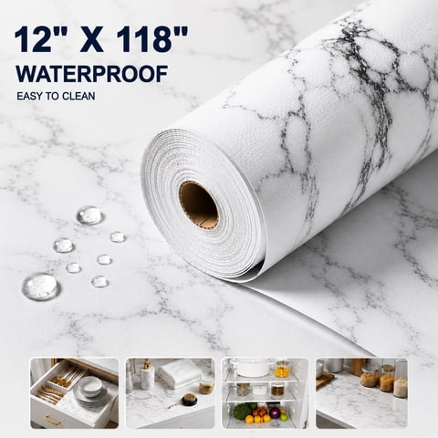 12 in X 118 in Drawer and Shelf Liner for Kitchen Cabinet : Non Slip Waterproof Shelf Paper EVA Non Adhesive Refrigerator Liners White Marble Easy Liners for Bathroom Cupboard .