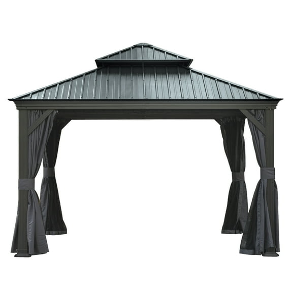 12' X 12' Hardtop Gazebo, Upgraded Metal Gazebo with Drainage System, Dual-Layer Galvanized Steel Roof, Curtain and Netting, Grey