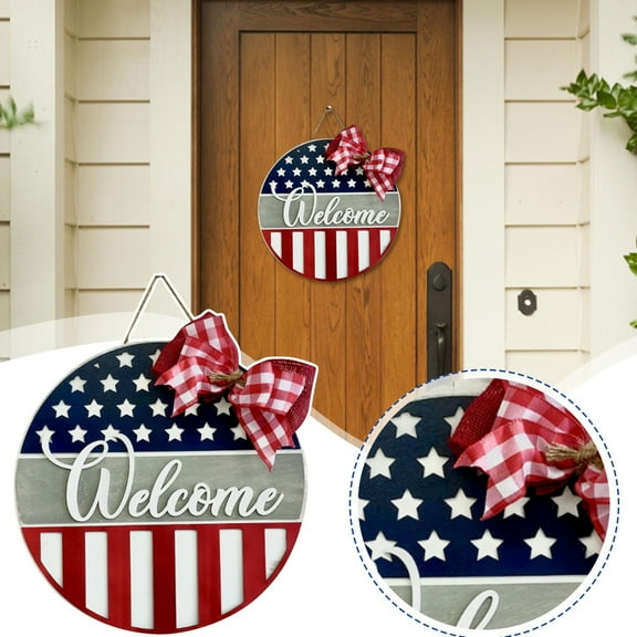12 X 12 Inch 3D Wooden Welcome Door Hanging Sign, Rustic Patriotic Front Door Decoration With Buffalo Plaid Bow, Independence Day Holiday Decor For Home Indoor And Outdoor Use