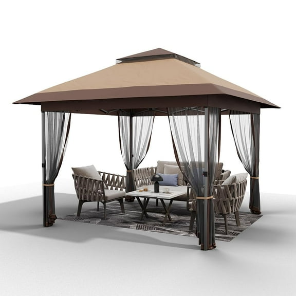 12 X 12ft Pop-up Gazebo, Double Roof Outdoor Canopy Tent with Mosquito Netting, Camping Canopy Gazebo for Lawn, Patio and Garden