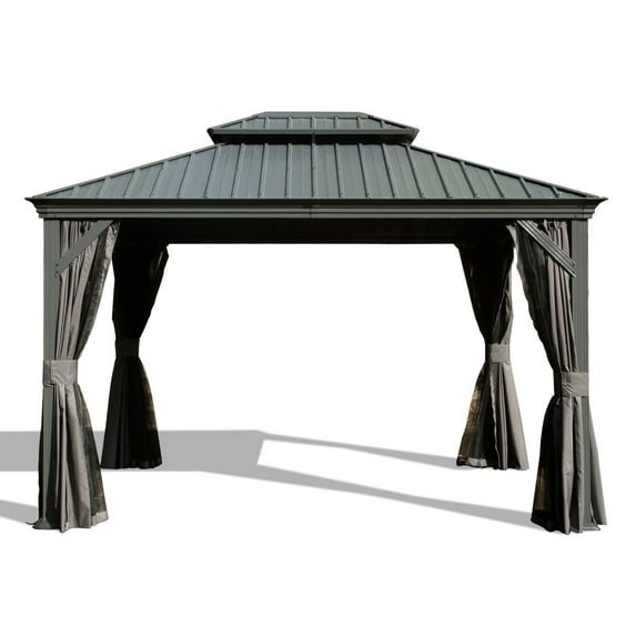 12' X 14' Hardtop Gazebo, Upgraded Metal Gazebo with Drainage System, Dual-Layer Galvanized Steel Roof with Curtain and Netting, Outdoor Shelter Canopy for Patio, Garden, Backyard, Grey