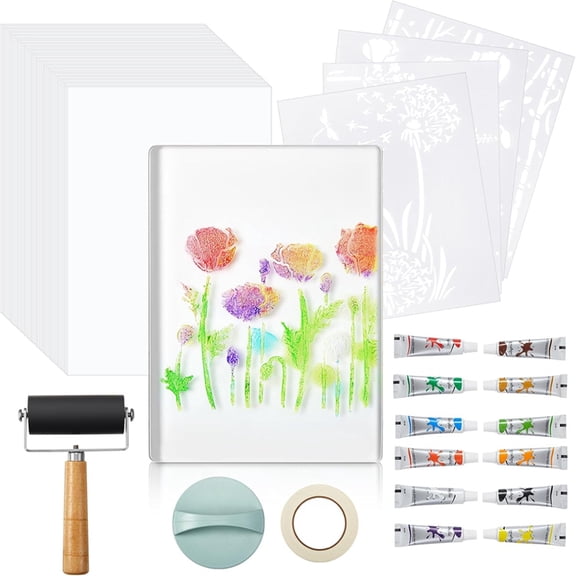 12 X 14 Inch Gel Printing Plate Kit, Complete Monoprinting Set with Brayer, Acrylic Paint, Paper and Tools for Art Class
