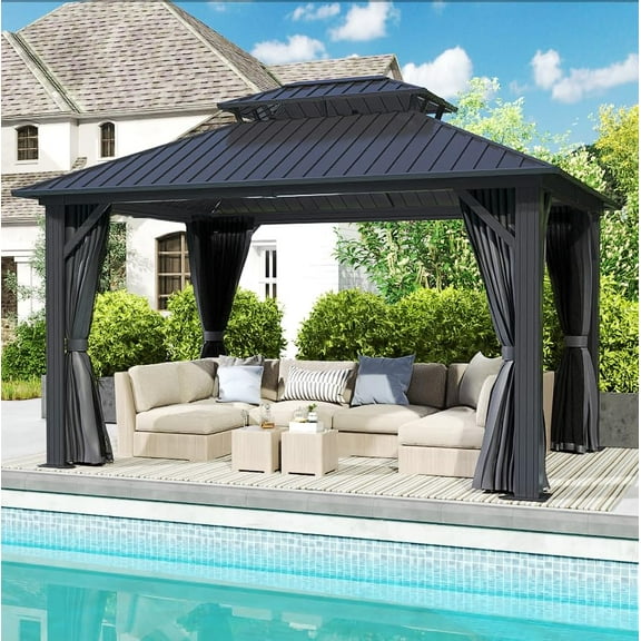 12 X 14FT Hardtop Gazebo, Galvanized Steel Double Roof Gazebo with Nettings and Curtain Outdoor Aluminum Frame Vertical Stripes Roof Permanent for Patio, Backyard, Lawns