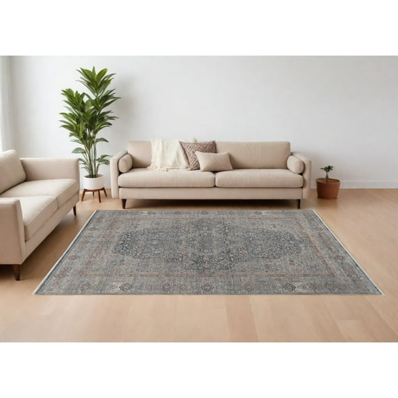 12' X 15' Gray Blue and Red Oriental Power Loom Worn Faded Area Rug With Fringe