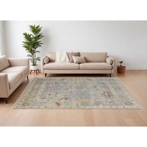 HomeRoots 567114 12 x 15 ft. Wool Floral Hand Knotted Rectangle Area Rug with Fringe, Light Blue & Taupe