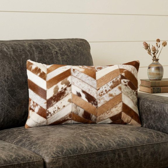 12" X 20" Brown and Off White Chevron Cowhide Throw Pillow