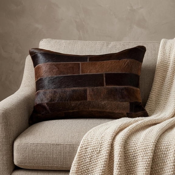 12" X 20" Chocolate Patchwork Cowhide Lumbar Throw Pillow