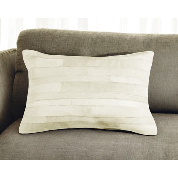 12" X 20" Off White Patchwork Cowhide Lumbar Throw Pillow