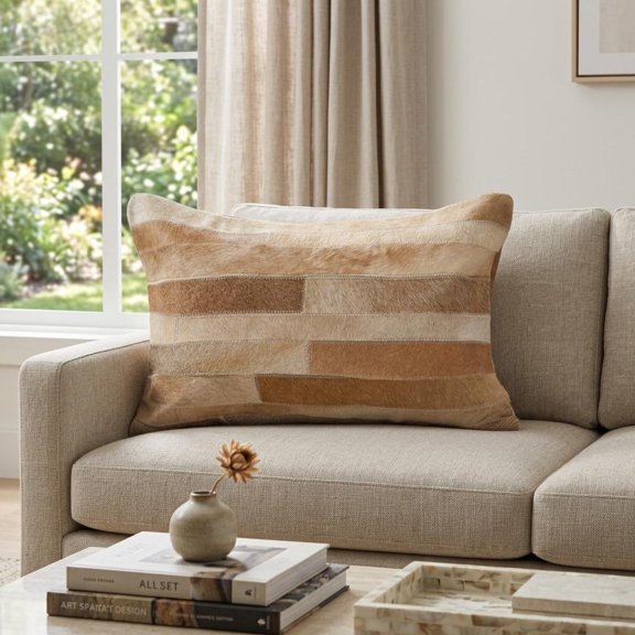 12" X 20" Tan Lumbar Patchwork Cowhide Throw Pillow