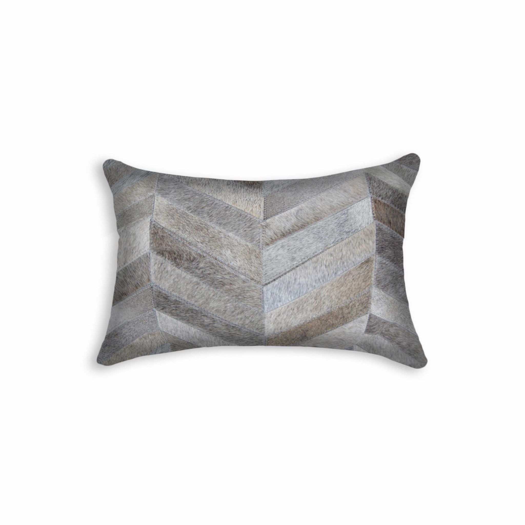 Gray Chevron Cowhide Throw Pillow with Cotton Backing