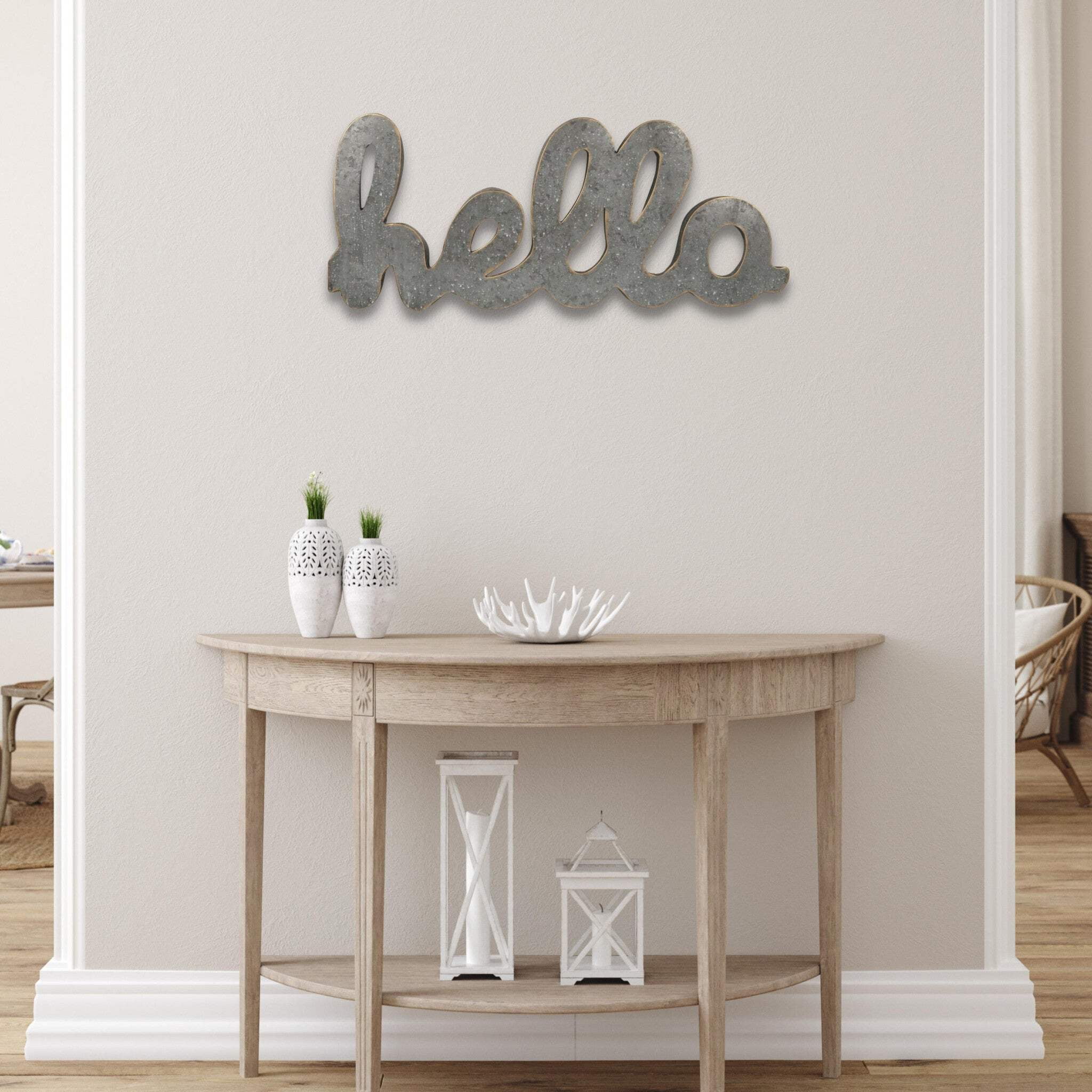 28 in. x 11.75 in. Gray Handcrafted Metal Hello Wall Art