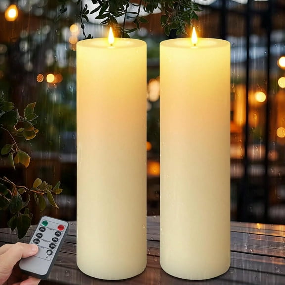 12" X 4" Large Outdoor Candles, Waterproof Flickering LED Flameless Candles with Timer, Battery Operated Candles with Remote Control Realistic Fake Pillar for Patio Porch Lanterns, Ivory 2 Pack