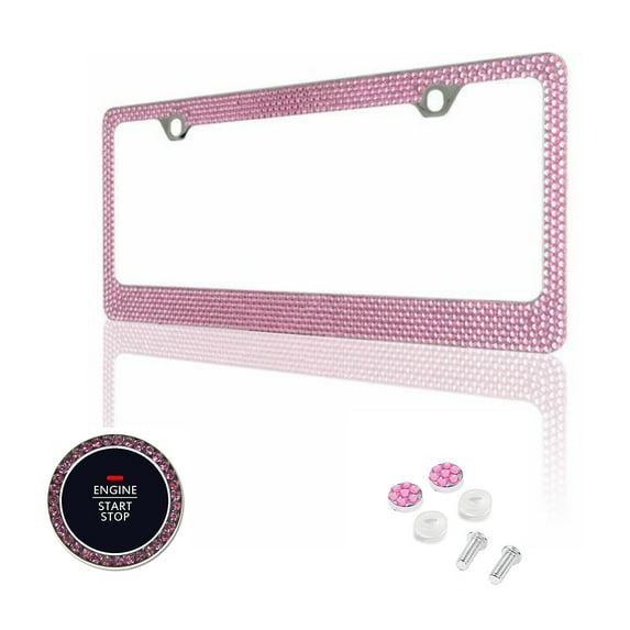 12" X 6" Bling Pink Crystal Rhinestone Metal License Plate Frame + Pink Ring Emblem + Caps