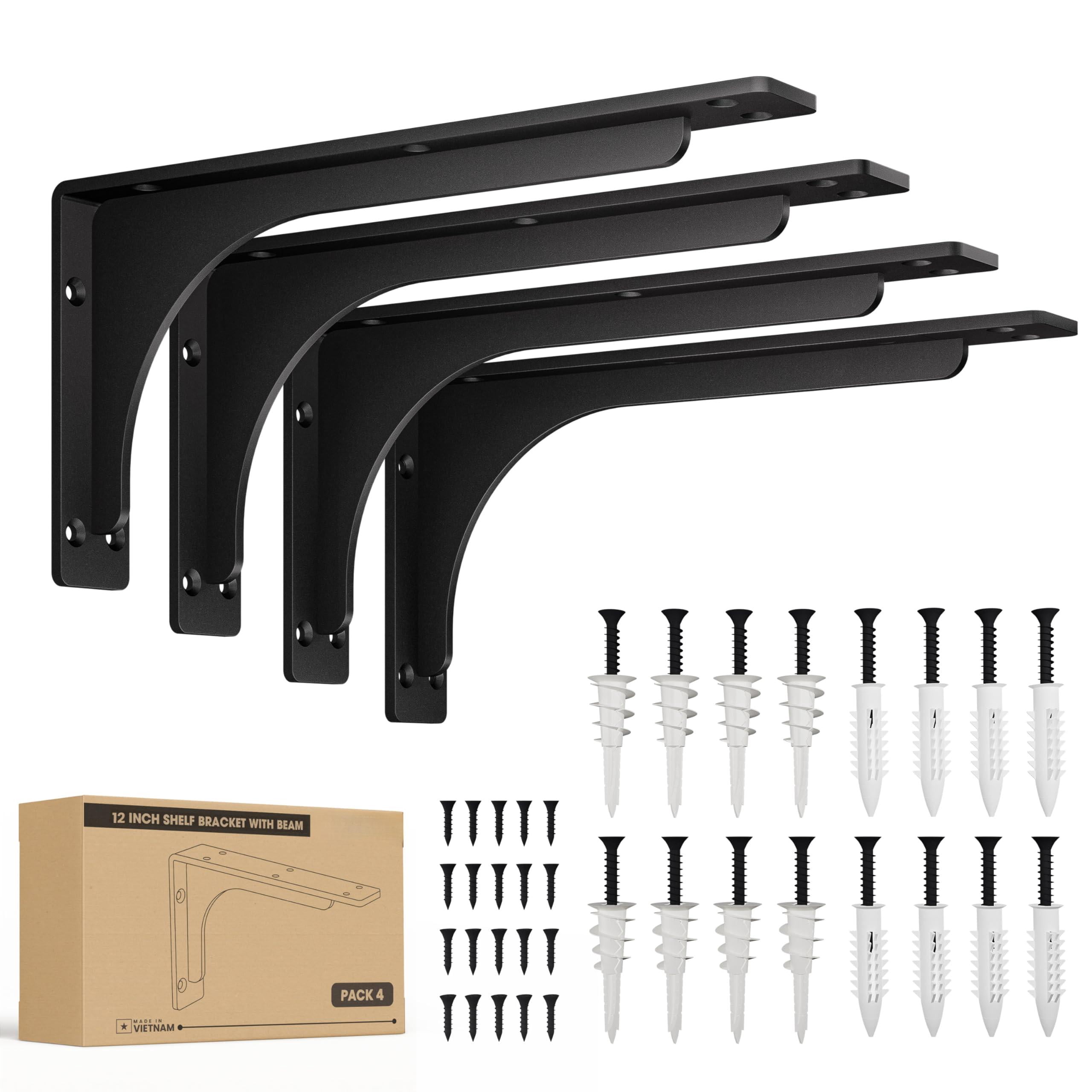 12" X 6" L Bracket With Beam - Shelf Brackets Black 300 Lbs Capacity Heavy Duty Shelving For Floating Shelves Wall Mounted Support Diy Mounting Hardware Included (pack 4)