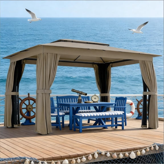 12 X 9 FT Double-roof Design Canopy Shelter, Large Outdoor Gazebo with Steel Columns, Outdoor Heavy Duty Party Tent with Mosquito Nettings and Privacy Screens for Backyard, Garden, Lawn, khaki