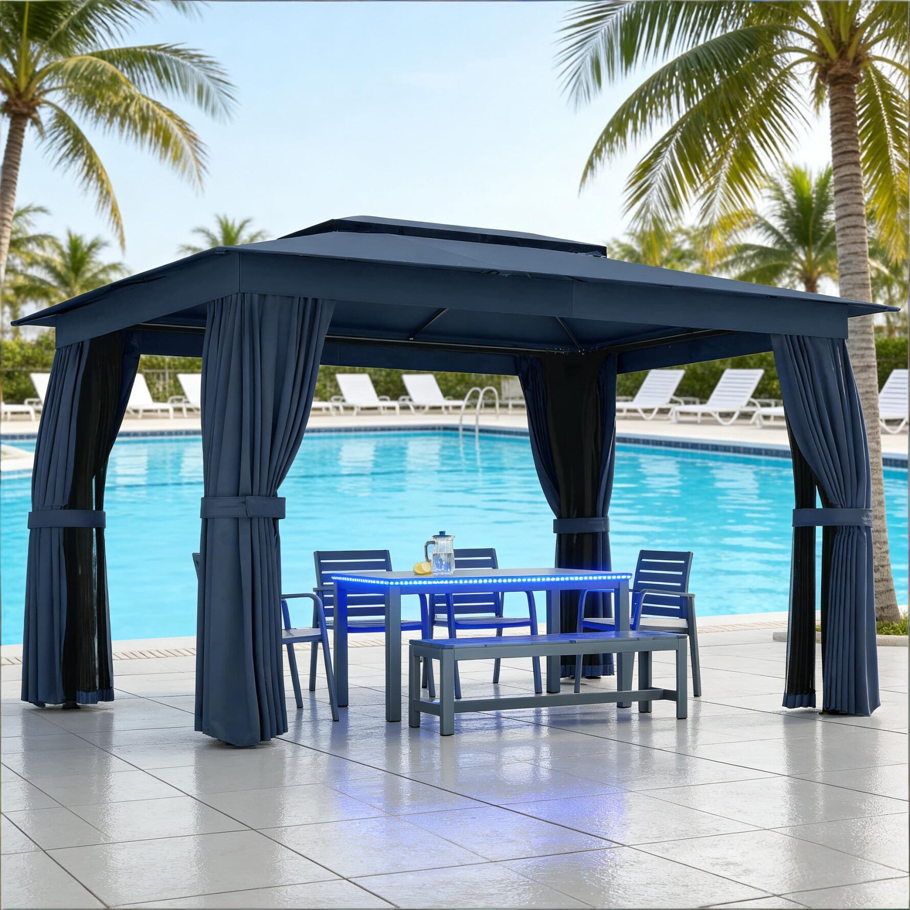 12 X 9 FT Double-roof Design Canopy Shelter, Large Outdoor Gazebo with Steel Columns, Outdoor Heavy Duty Party Tent with Mosquito Nettings and Privacy Screens for Backyard, Garden, Lawn, Blue
