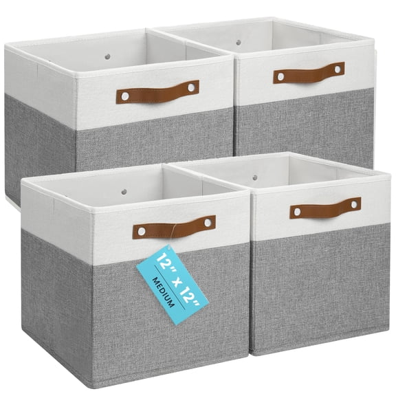 12" X Fabric Cube Storage Bins - Set Of 4  Organizer With Vegan Handles Kallax Cubes 12inch Cubic Baskets For Shelves Grey / White