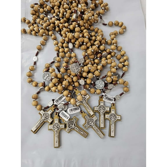 12 X Rosary St BENEDICT wood beads Jerusalem rosary CATHOLIC Rosary Crucifix Necklace lot of 12, Wedding, Memorial Religious Favor