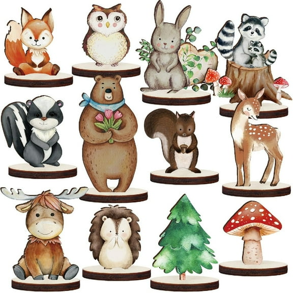 12 X Wooden Animal Cutout Shapes Forest Painted Woodland Baby Shower Decoration