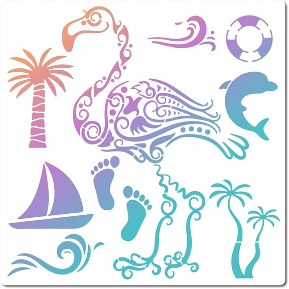 12"X12"Flamingo Stencil Tropical Templates Ocean Theme Reusable Plastic Drawing Painting Stencil Templates for Painting on Card Wall Fabric Tile Canvas Crafts DIY Home Decor for DIY