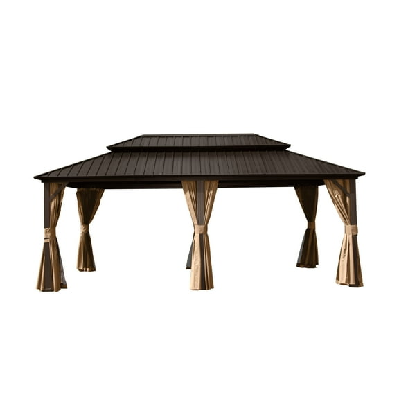 12' X20' Hardtop Gazebo, Aluminum Metal Gazebo with Galvanized Steel Double Roof Canopy, Curtain and Netting, Permanent Gazebo Pavilion for Party, Wedding, Outdoor Dining, Brown