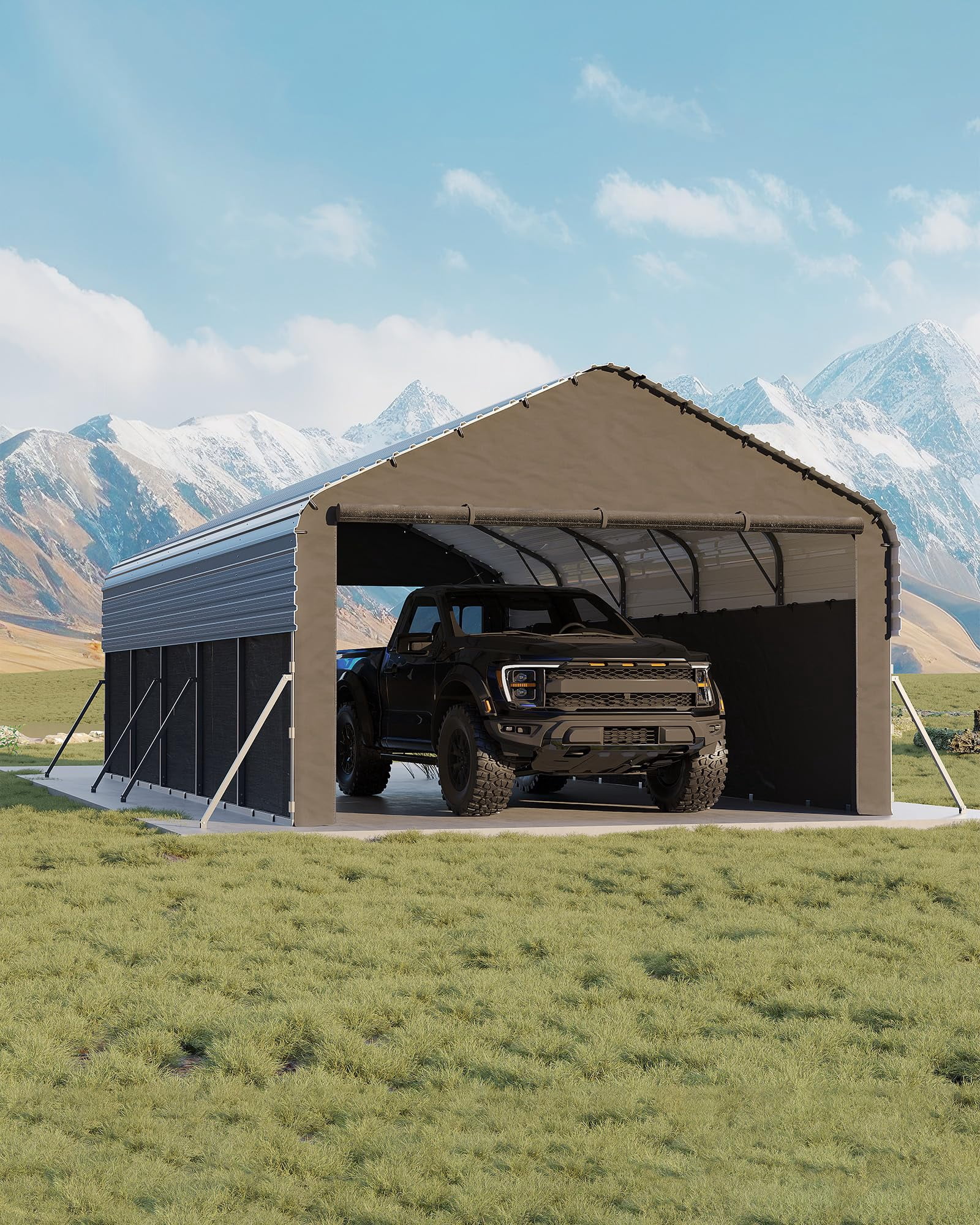 12'X24'X9' Metal Carport, Enclosed Car Ports with Heavy Duty Steel Frame and 220 g Tarp, All-Weather Carport for Full-Size Pickup Trucks, Bass Boats, and Tractors