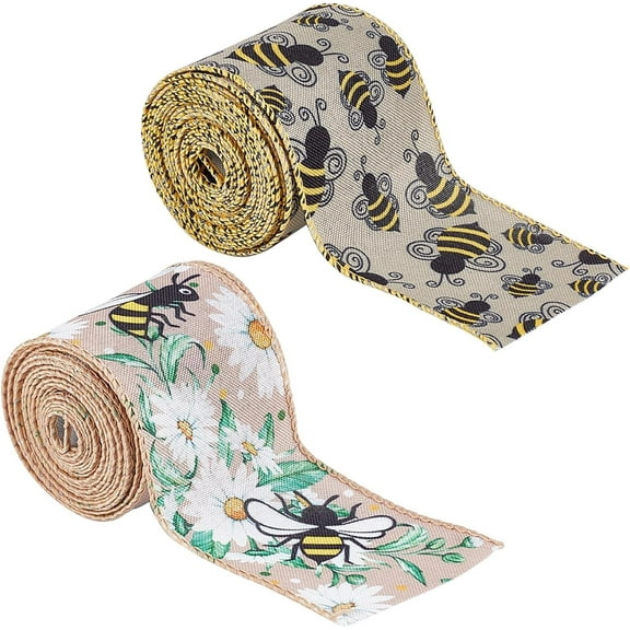 12 Yards 2 Patterns Bee Wired Ribbon 2.5 Inch Width Burlap Craft Ribbon Summer Spring Edge Insect Theme Fabric Grosgrain Flat for DIY Scene Decoration Gift Wrapping Home Party Yellow DIY