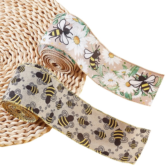 12 Yards 2 Patterns Bee Wired Ribbon 2.5 Inch Width Burlap Craft Ribbon Summer Spring Edge Insect Theme Fabric Grosgrain Flat Scene