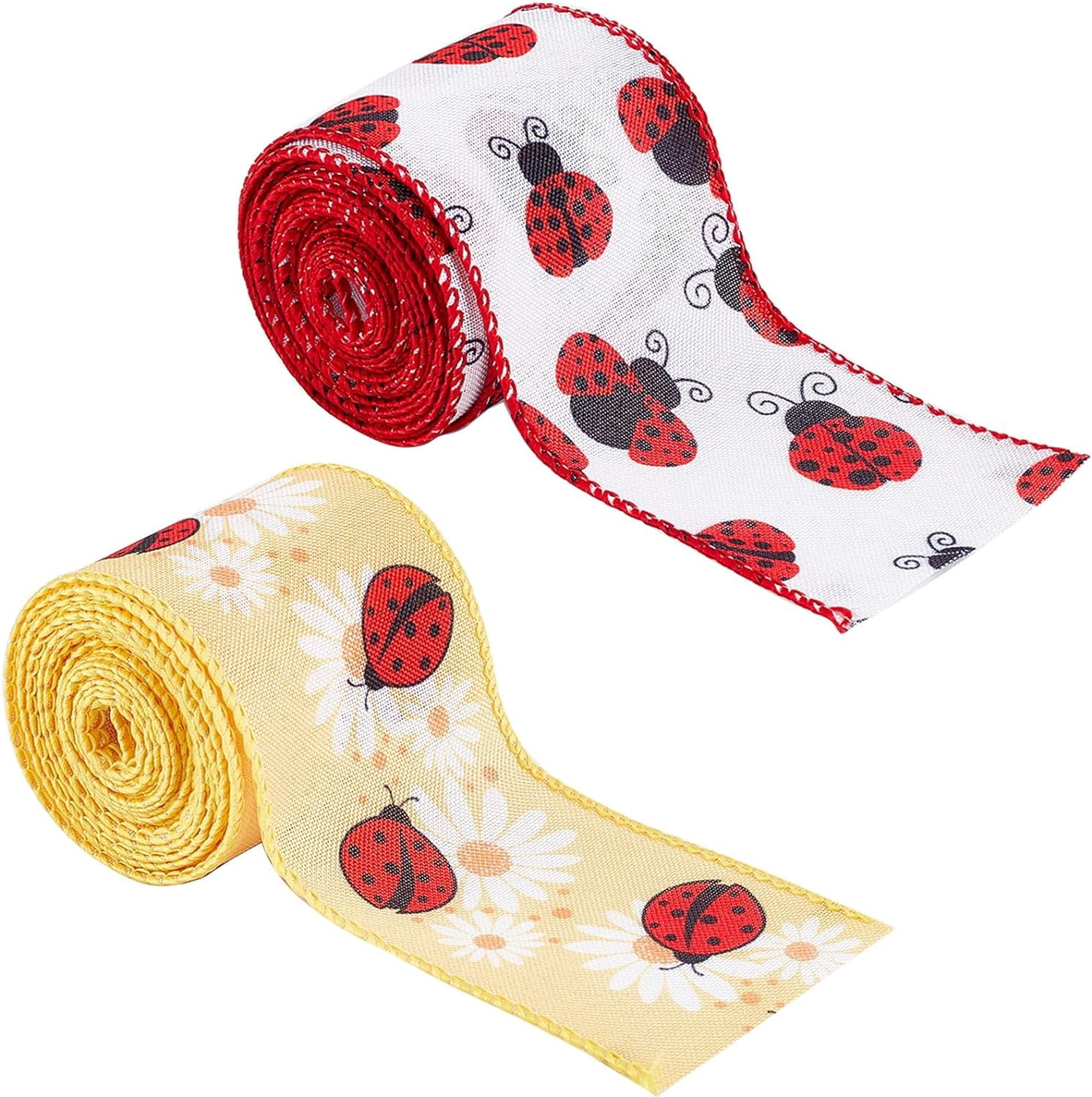 12 Yards 2 Patterns Ladybug Ribbon Wired 2.5 Inch Width Burlap Insect Theme Craft Ribbons Spring Summer Flower Fabric Grosgrain Flat for DIY Gift Wrapping Home Party Decoration