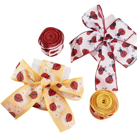 12 Yards 2 Patterns Ladybug Ribbon Wired 2.5 Inch Width Burlap Insect Theme Craft Ribbons Spring Summer Flower Fabric Grosgrain Flat DIY