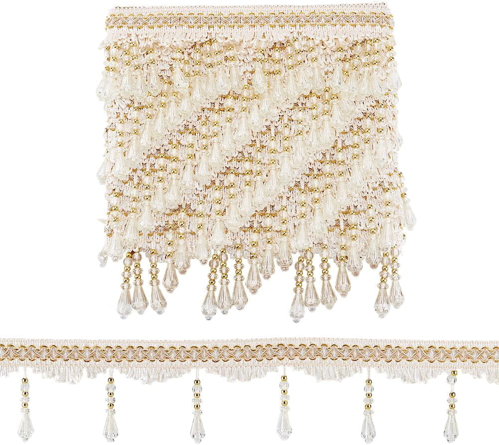 12 Yards Beaded Fringe Trim 3-3/4 inch Sewing Trim Fringe Hanging Tassel Trim Golden Crystal Beaded Trim Lace Ribbon DIY Crafting