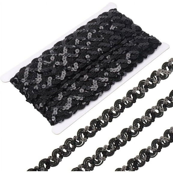 12 Yards Black Sequin Trim Flat Sequins Beaded Strip Rick Rack Wave Gimp Woven Trimming Metallic Glitter Ric Rac Ribbon Bulk for Sewing Making Crafts Upholstery Diy Home Decor Supply