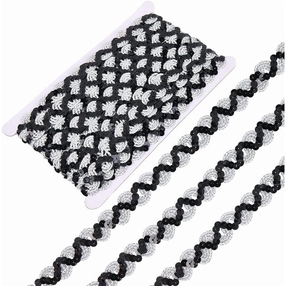 12 Yards Black Silver Sequin Trim Flat Sequins Beaded Strip Rick Rack Wave Gimp Woven Braid Trimming Metallic Glitter Ric Rac Fabric Ribbon for Sewing Making Crafts Clothes Diy Costume Decor