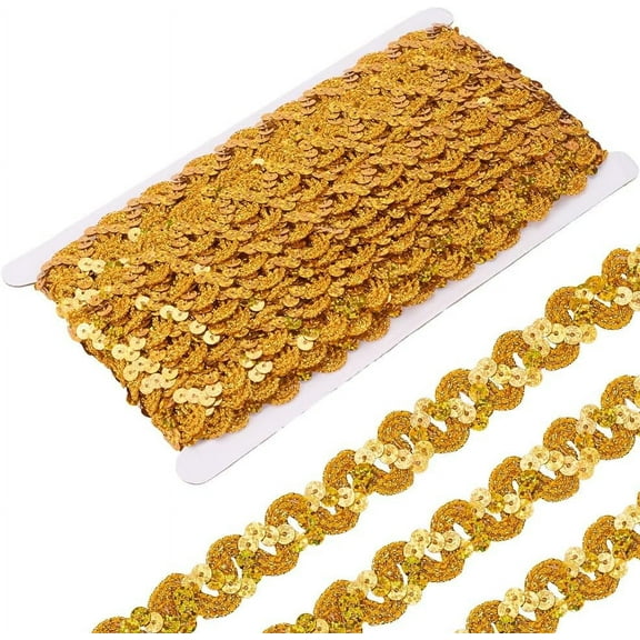12 Yards Gold Sequin Trim Flat Sequins Beaded Strip Rick Rack Wave Gimp Woven Trim Metallic Glitter Braid RIC Rac Ribbon Bulk for Sewing Making Crafts Home Decor Costume DIY Supply