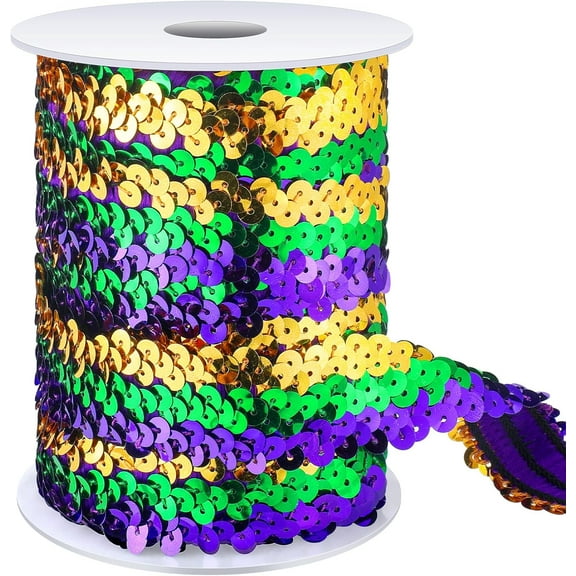 12 Yards Mardi Gras Sequin Trim 1 Inch 3-Row Purple, Green & Gold Stretch Ribbon for Costumes, Headbands & Mask Embellishments