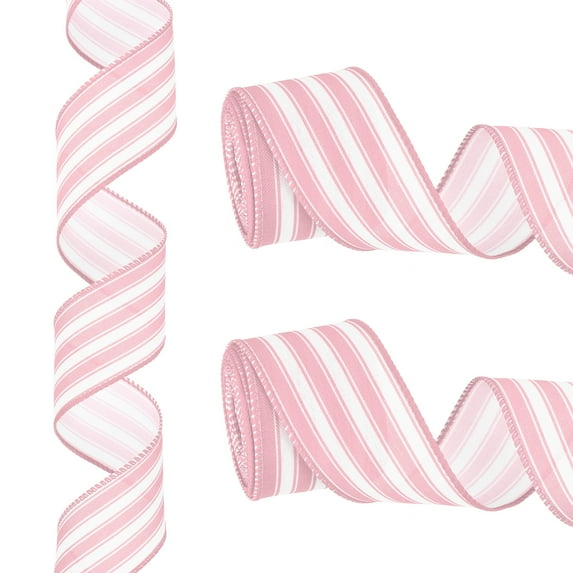 12 Yards x 2" Striped Ribbon Pink and White Wired Ribbon Linen Gift Wrapping Ribbon for Christmas Craft Birthday Wedding Festival Wreath
