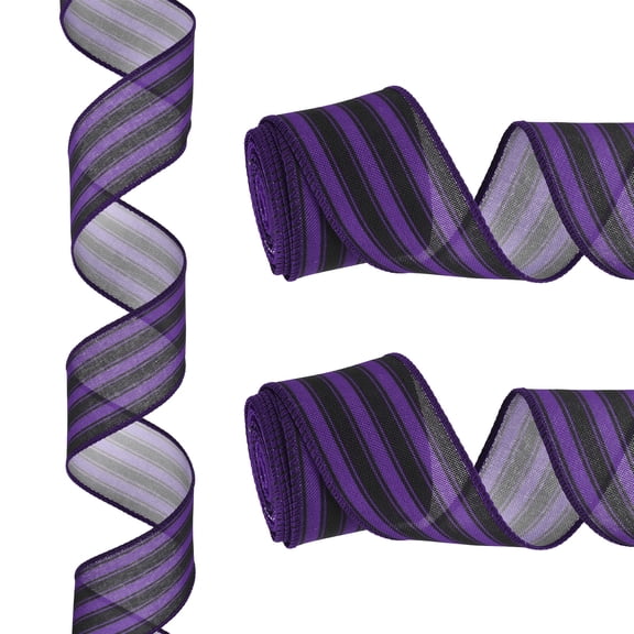 12 Yards x 2" Striped Ribbon Purple and Black Wired Ribbon Linen Gift Wrapping Ribbon for Christmas Craft Birthday Wedding Festival Wreath