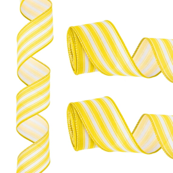 12 Yards x 2" Striped Ribbon Yellow and White Wired Ribbon Linen Gift Wrapping Ribbon for Christmas Craft Birthday Wedding Festival Wreath