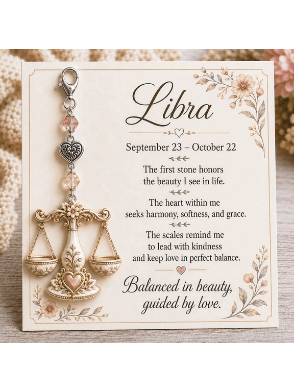 12 Zodiac Birthstone Charm Keepsake Card, Horoscope Pendant Key Ring, Birthstone Crystal Bead,Gift for Her Libra