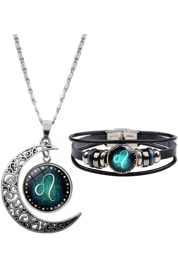 12 Zodiac Necklace Bracelet for Women Moon Crescent Necklace Pendant Retro PU Leather Constellation Bracelet Bangle Fashion 2 count/set